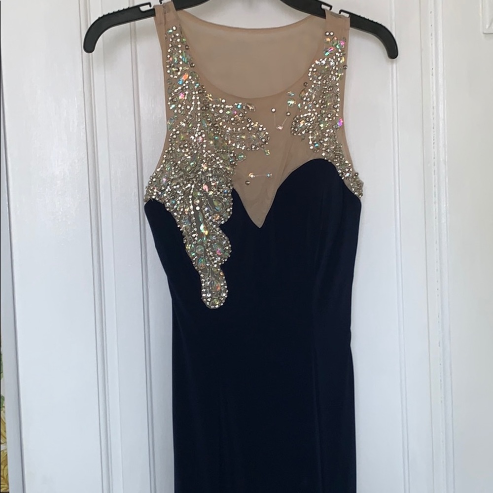 Navy Blue Embellished Rock Detailing Prom Gown